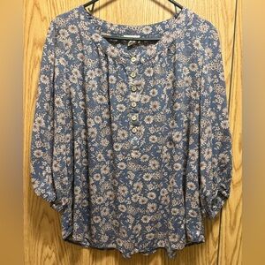 Cupio Dusty Blue Floral Blouse Size 2X Boho Button Front Flowy Soft